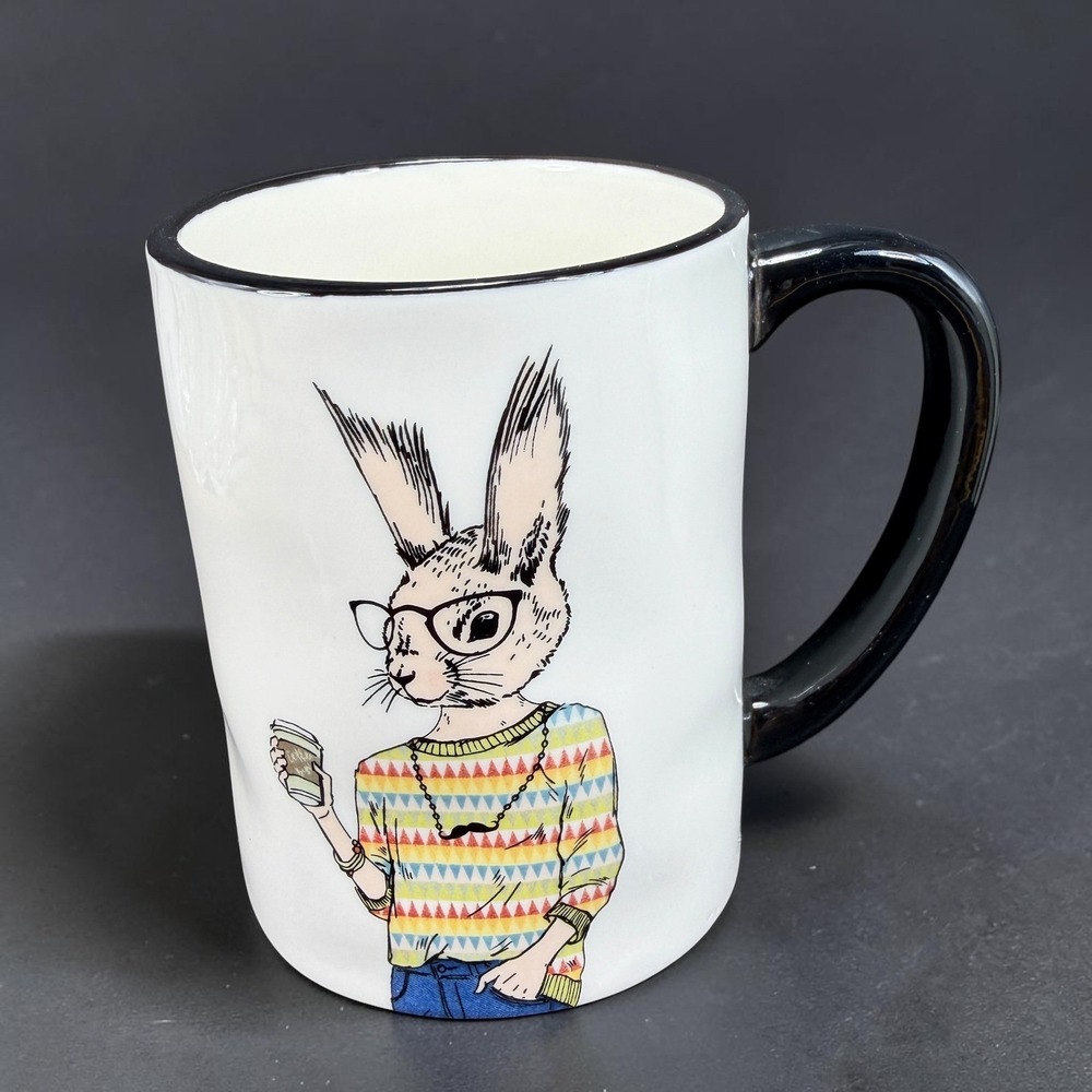 Signature Housewares Hipster Bunny Rabbit Coffee Mug Glasses Sweater Stoneware